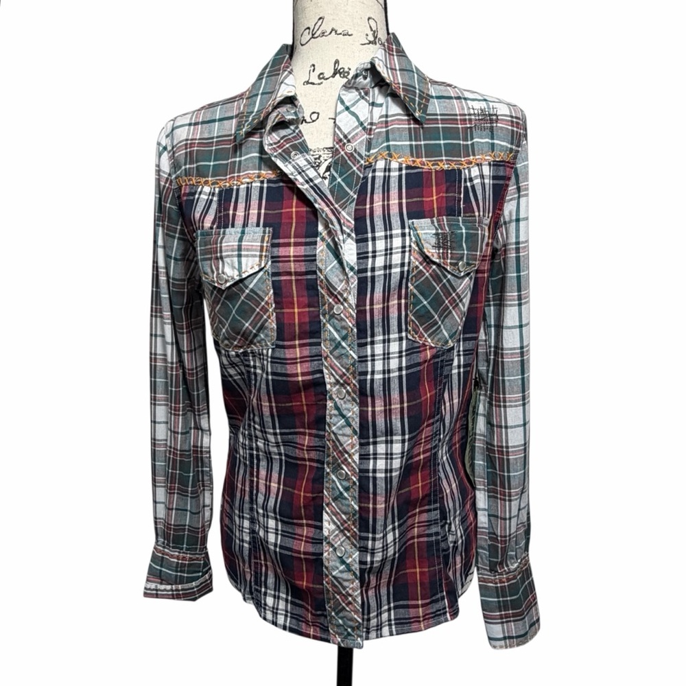 Vintage Rebel Ranch Wear Multicolor Plaid Button Snap Shirt, S‎